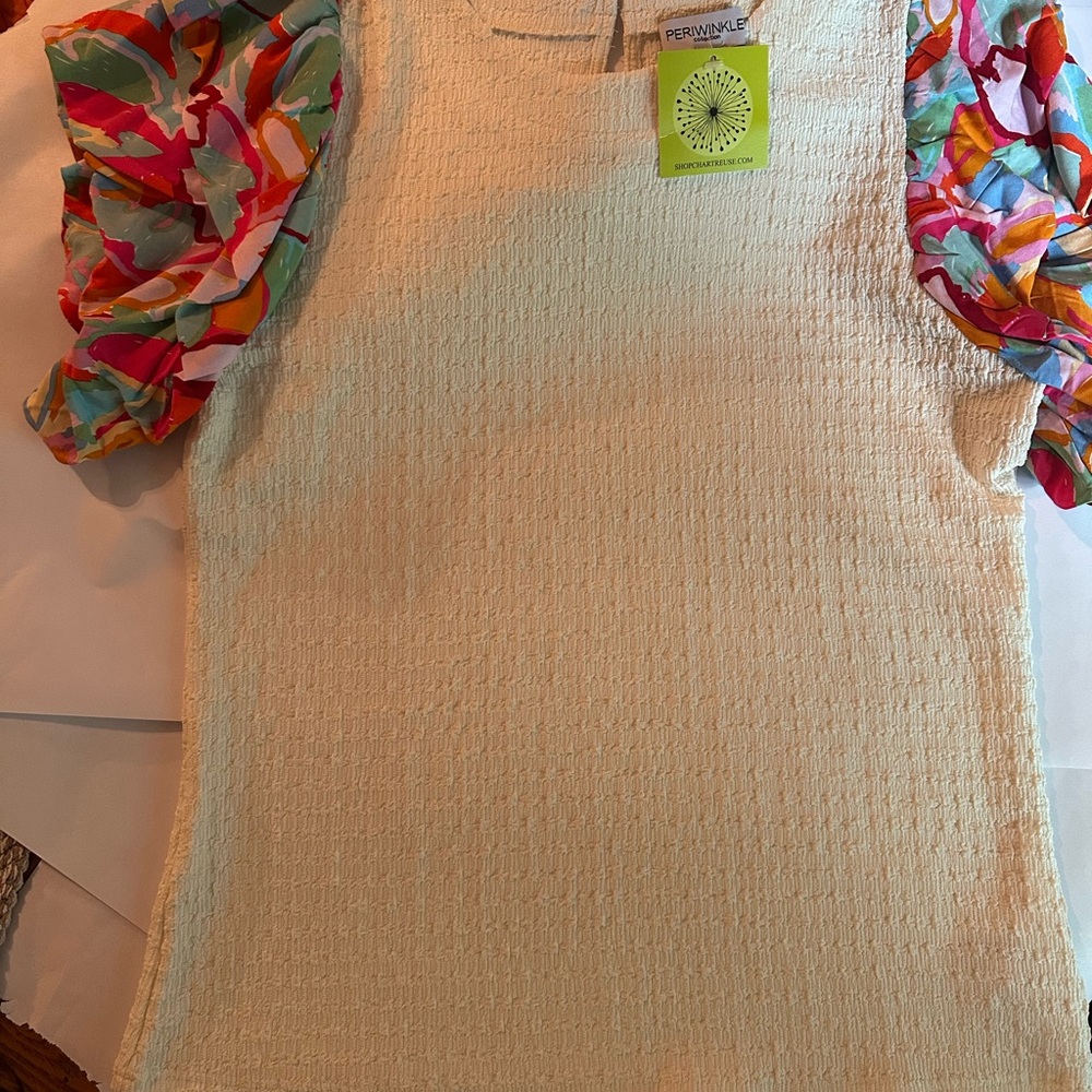 Cream Textured Top with Colorful Sleeves